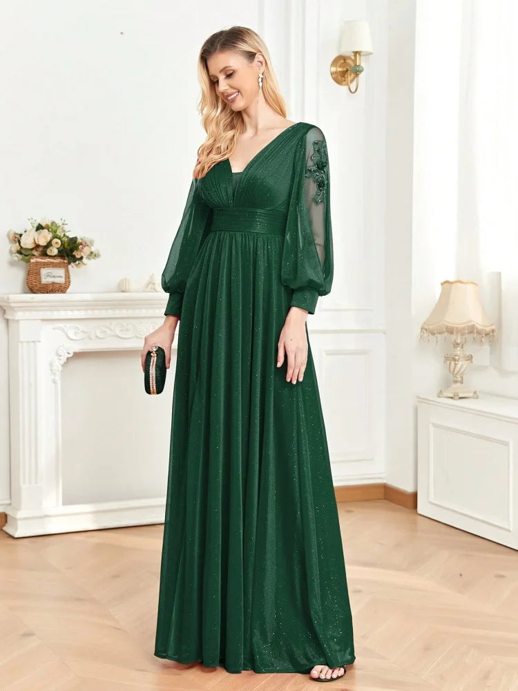 BluePlum Plus Size Elegant Women V-Neck Wedding Party Maxi Dress Luxury Long Sleeve Chiffon Evening Dress Long Prom Cocktail Dress | Blue Plum - Blue Plum