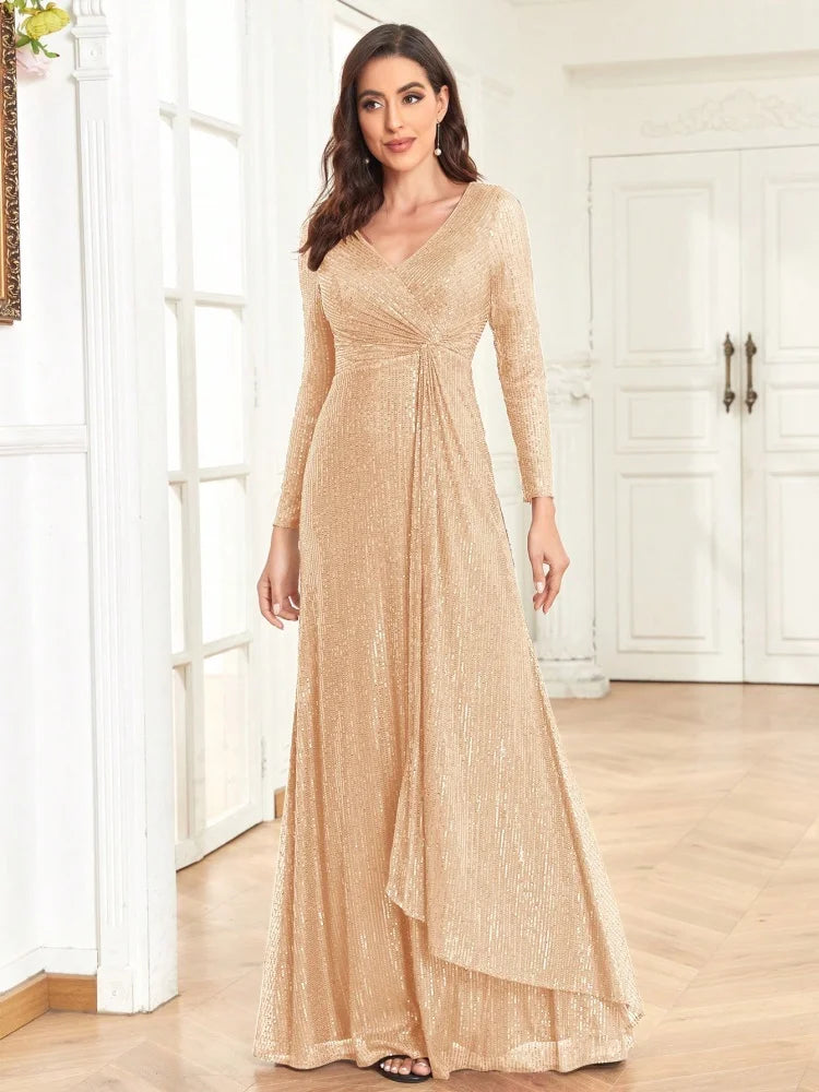 BLUEPLUM Elegant Gold Sequin V-Neck Maxi Evening Dress | Blue Plum - Blue Plum