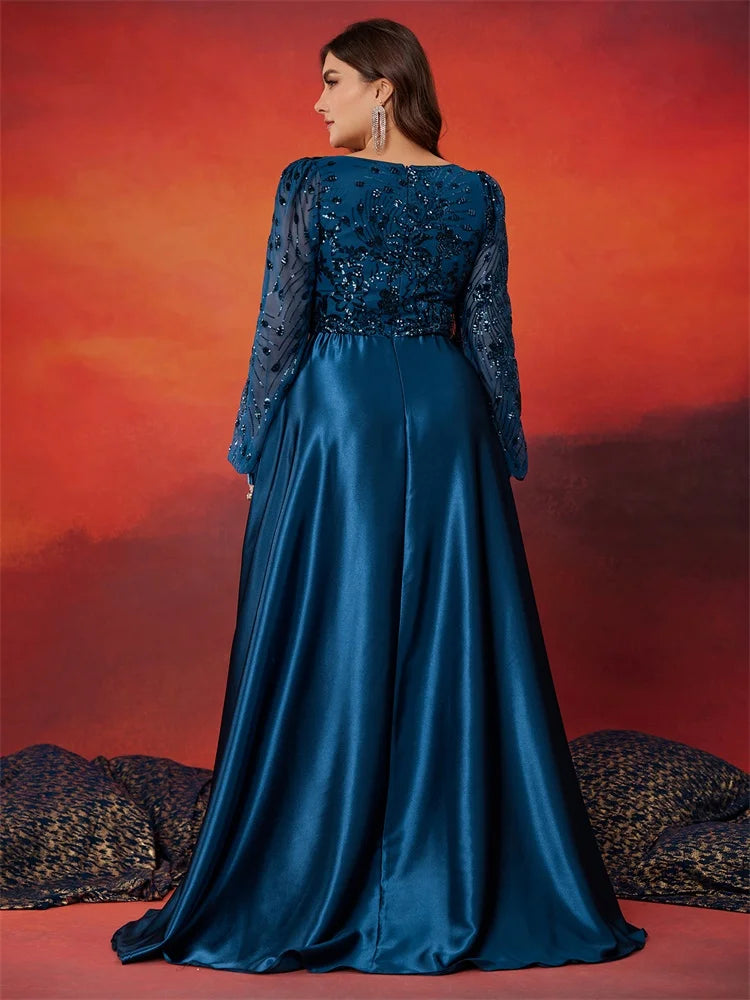 Luxury Blue Satin V-Neck Evening Dress - Plus Size | Blue Plum - Blue Plum