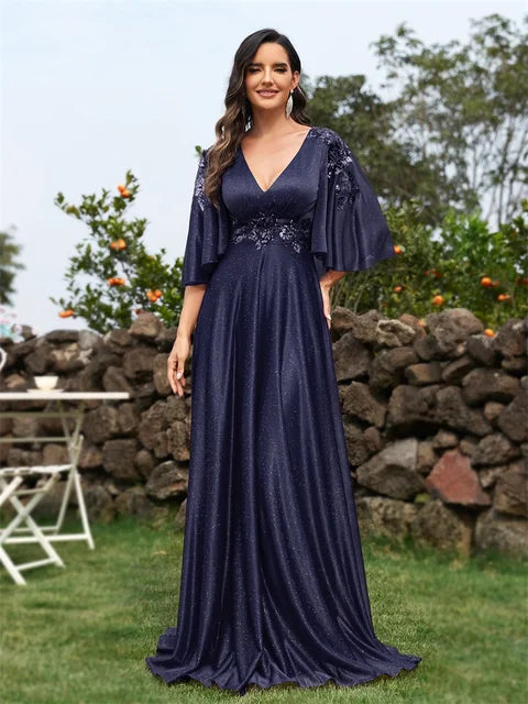 BluePlum Elegant Shining Short sleeve Navy Formal Evening Dress Long 2024 Luxury Women Wedding Party Dress Cocktail Prom Gowns | Blue Plum - Blue Plum