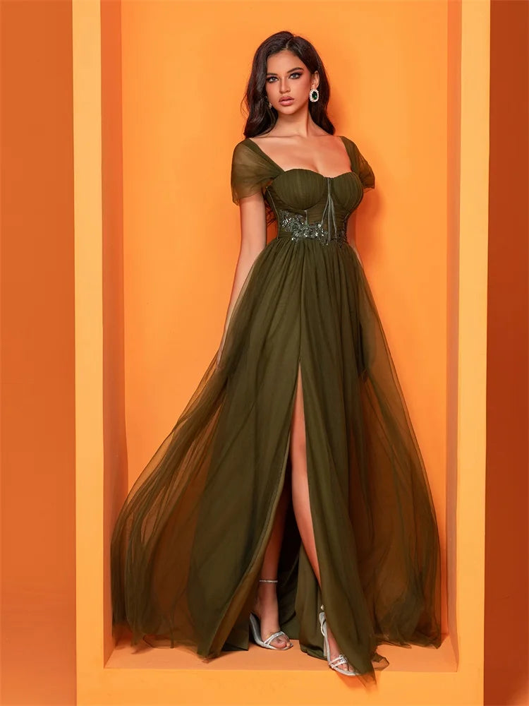 BluePlum Short Sleeves Slit Evening Dress - Elegant Mermaid Maxi | Blue Plum - Blue Plum