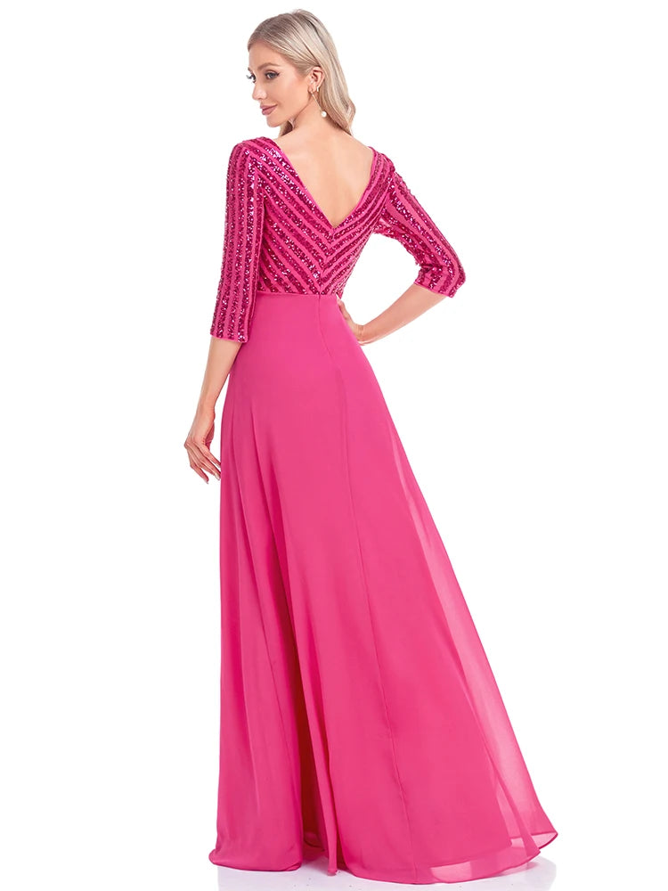 BluePlum Elegant Sequin Long Sleeve Formal Evening Dress Chiffon Blue A- line V-Neck Wedding Party Graduation Prom Dress For Women | Blue Plum - Blue Plum