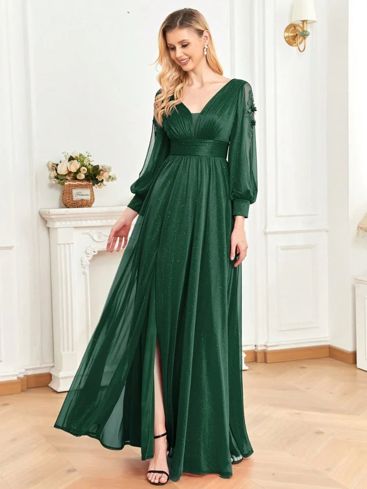 BluePlum Plus Size Elegant Women V-Neck Wedding Party Maxi Dress Luxury Long Sleeve Chiffon Evening Dress Long Prom Cocktail Dress | Blue Plum - Blue Plum