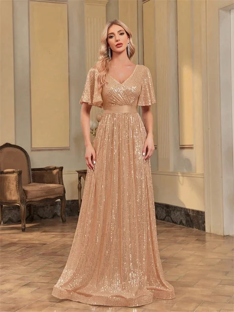 Luxury Sequin V-Neck Formal Evening Maxi Dress | Blue Plum - Blue Plum