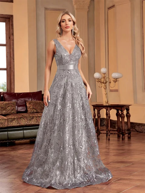 Luxury Deep V-Neck Sequins Blue Evening Dress | Blue Plum - Blue Plum