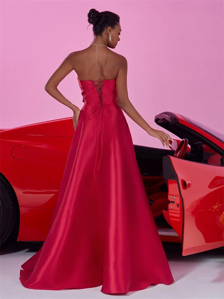 Blueplum Red Satin Split A-line Evening Dress | Blue Plum - Blue Plum