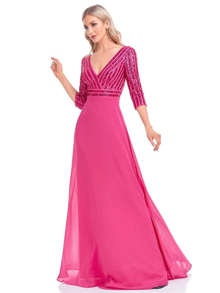 BluePlum Elegant Sequin Long Sleeve Formal Evening Dress Chiffon Blue A- line V-Neck Wedding Party Graduation Prom Dress For Women | Blue Plum - Blue Plum