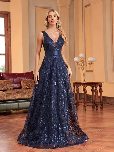 Luxury Deep V-Neck Sequins Blue Evening Dress | Blue Plum - Blue Plum