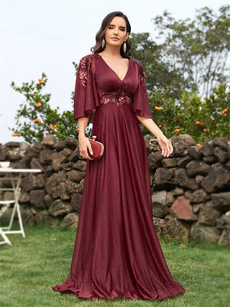 BluePlum Elegant Shining Short sleeve Navy Formal Evening Dress Long 2024 Luxury Women Wedding Party Dress Cocktail Prom Gowns | Blue Plum - Blue Plum