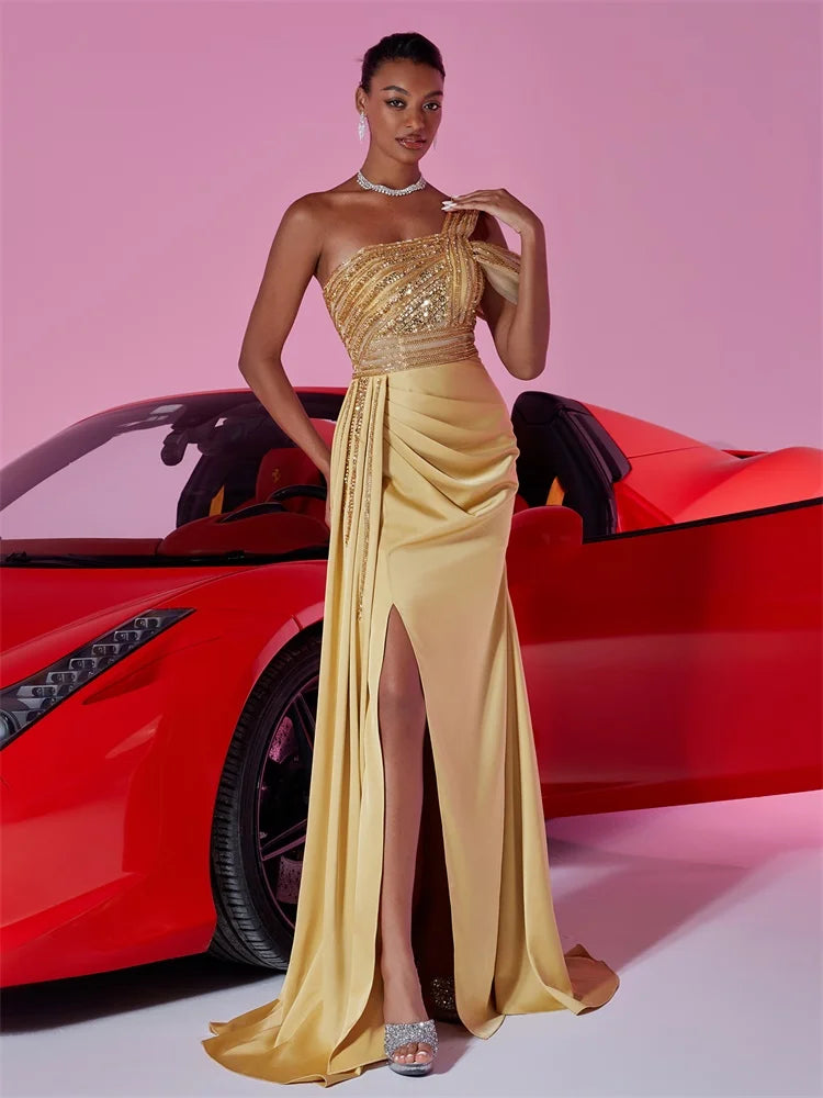 Elegant Sequins Split Gold Evening Dress | Blue Plum - Blue Plum