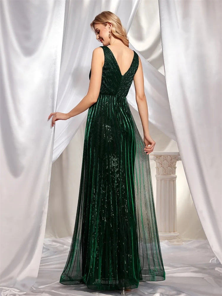 BluePlum Elegant Deep V Neck Green Sequined Evening Dress Long 2024 Luxury Women Sleevesless Party Dress Prom Cocktail Dress | Blue Plum - Blue Plum