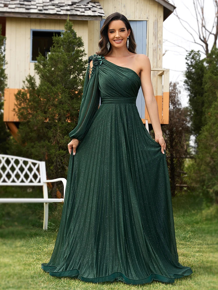BluePlum Elegant one-shoulder Long Sleeves Sparkle Floor Length Evening Dress 2024 Green Flower Bridesmaid Party Cocktail Prom | Blue Plum - Blue Plum