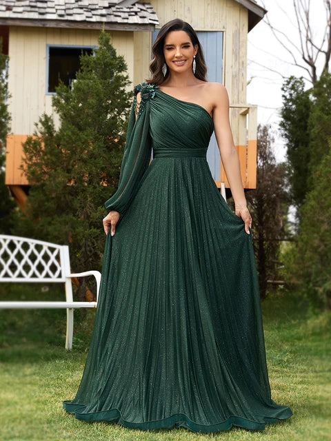 BluePlum Elegant one-shoulder Long Sleeves Sparkle Floor Length Evening Dress 2024 Green Flower Bridesmaid Party Cocktail Prom | Blue Plum - Blue Plum