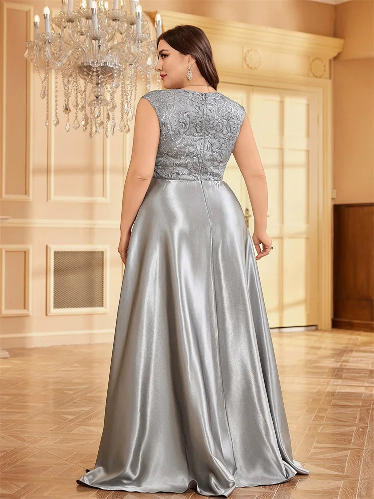 BluePlum Plus Size Luxury Grey Satin V-Neck Evening Dress Elegant 2024 Women Wedding Party Prom Floor Lenght Cocktail Dress | Blue Plum - Blue Plum