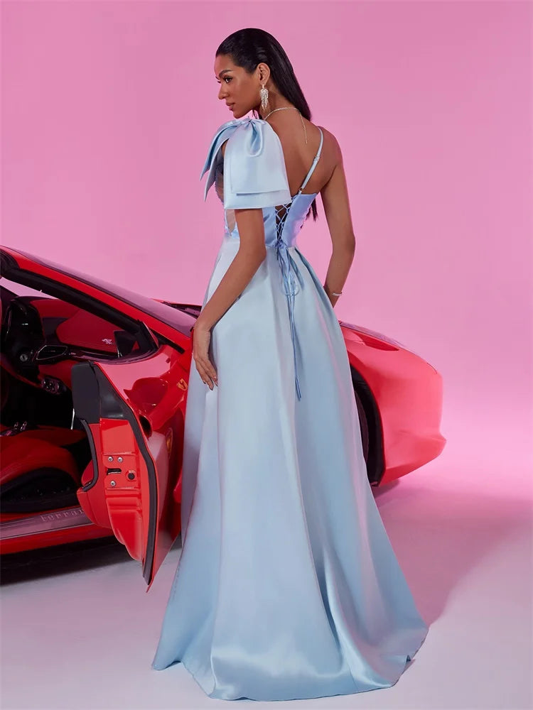Elegant Satin Blue Bow Bridesmaid Dress - Luxury A-line Gown | Blue Plum - Blue Plum