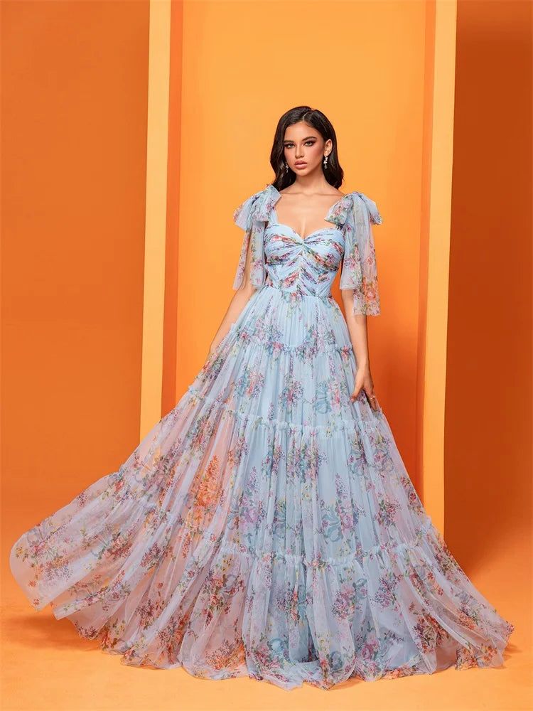 Elegant Blue V-Back Chiffon Evening Dress | Blue Plum - Blue Plum