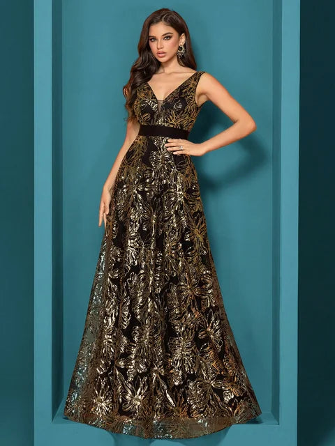 Luxury Deep V-Neck Sequins Blue Evening Dress | Blue Plum - Blue Plum