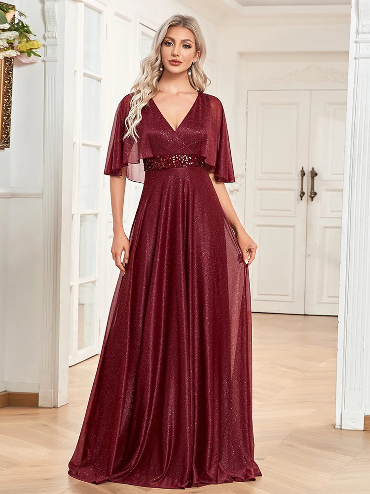 BluePlum Elegant Short sleeve Sequin Formal Evening Dress 2025 Women Wedding Party Prom V-Neck Ruffles Chiffon Red Gown Vestidos | Blue Plum - Blue Plum