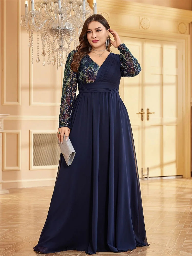 BluePlum Plus Size Luxury Chiffon Long Sleeve Evening Dresses Women Sequin Blue Wedding Party Cocktail Prom Floor Lenght Gowns | Blue Plum - Blue Plum