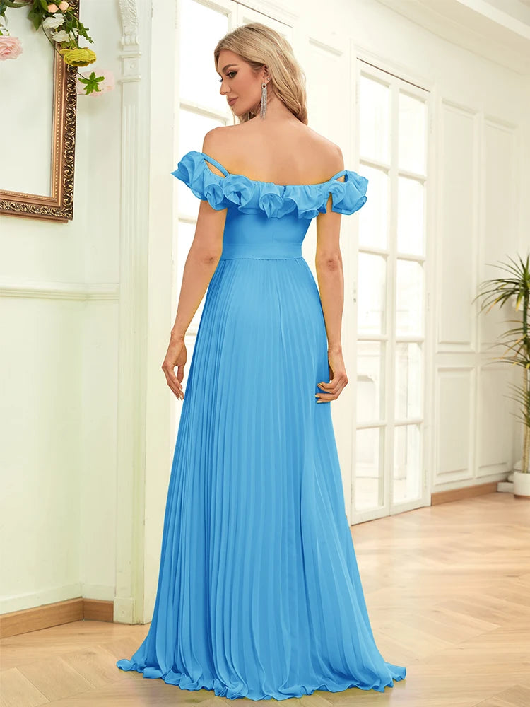 BluePlum Elegant Chiffon Green Evening Dresses Long A-LINE Off-the-shoulder 2024 Women Simple Bridesmaid Wedding Party Dress Prom | Blue Plum - Blue Plum