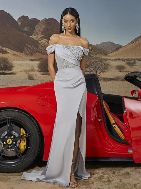BLUEPLUM Off-the-Shoulder Grey Prom Dress for Elegant Lady | Blue Plum - Blue Plum