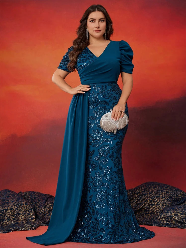 BluePlum Plus Size Elegant V-neck Sequins Evening Dress Women Short Sleeves Mermaid Formal Luxury Party Streamer Prom Dress | Blue Plum - Blue Plum