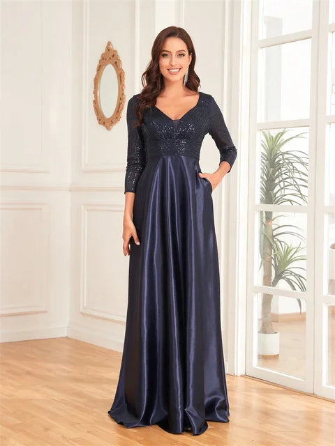 Luxury Deep V-Neck Sequins Evening Dress | Blue Plum - Blue Plum