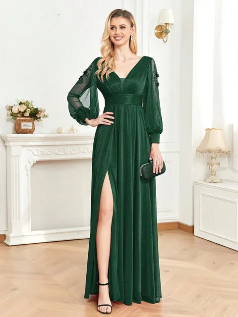 BluePlum Plus Size Elegant Women V-Neck Wedding Party Maxi Dress Luxury Long Sleeve Chiffon Evening Dress Long Prom Cocktail Dress | Blue Plum - Blue Plum