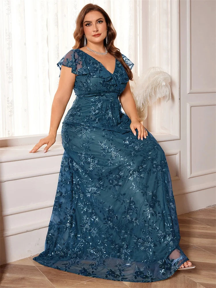 BluePlum Elegant Plus Size V-Neck Evening Dress | Blue Plum - Blue Plum