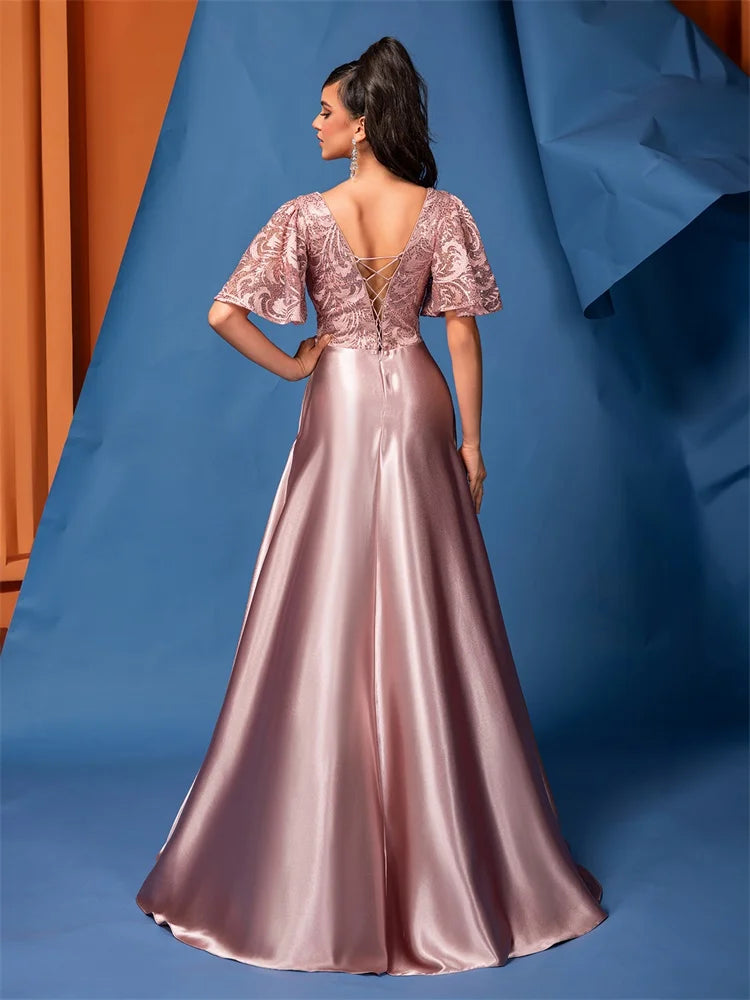 BluePlum Elegant Short Sleeve Pink Satin Formal Evening Dress Luxury Long Women Mermaid Wedding Party Dress Cocktail Prom | Blue Plum - Blue Plum