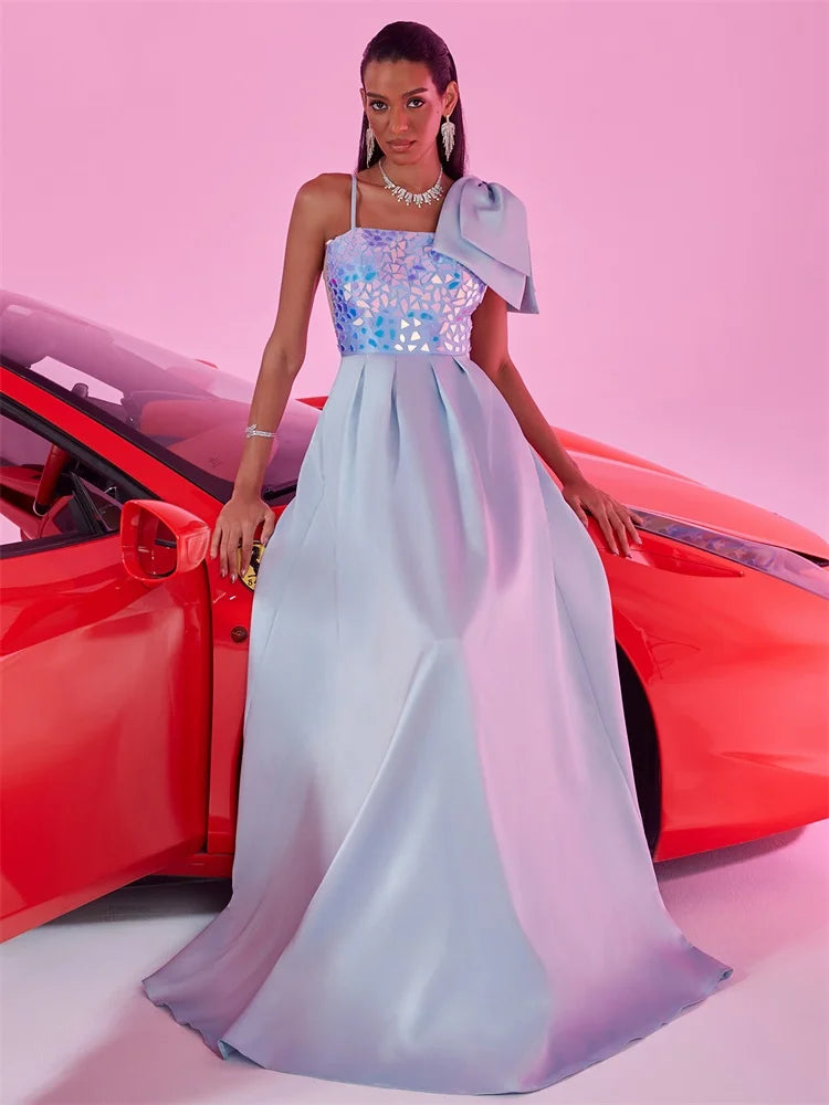 Elegant Satin Blue Bow Bridesmaid Dress - Luxury A-line Gown | Blue Plum - Blue Plum