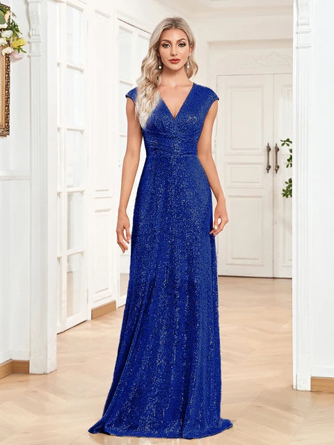 BluePlum Elegant V-neck Blue Sequins Evening Dress Luxury 2025 Women Long Formal Prom Wedding Party Dress Cocktail Gowns Vestidos | Blue Plum - Blue Plum