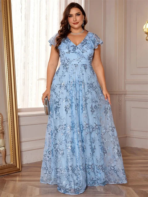 BluePlum Elegant Plus Size V-Neck Evening Dress | Blue Plum - Blue Plum