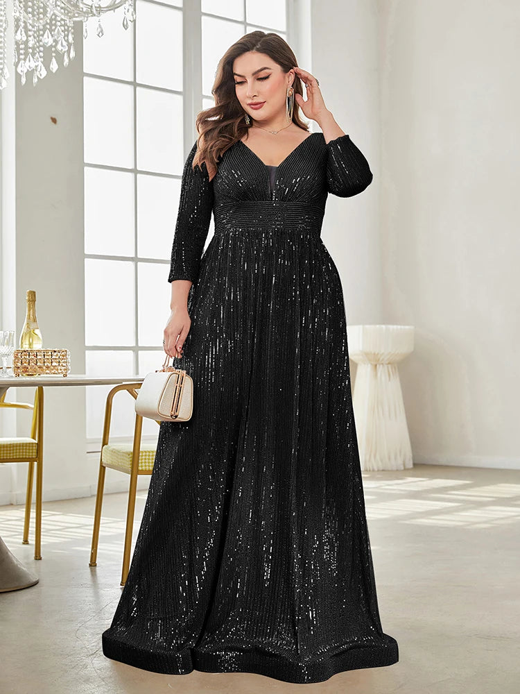 BluePlum Plus Size Elegant VNeck Sequin Evening Dress 2025 Women Formal Maxi Prom Long Sleeves Party Mermaid Luxury Cocktail Dress | Blue Plum - Blue Plum
