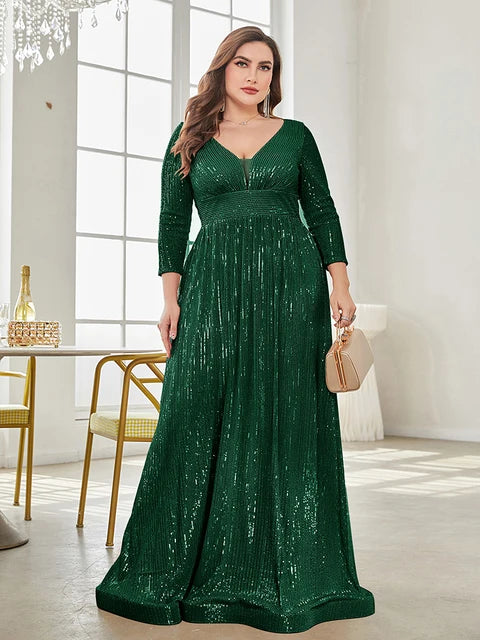 BluePlum Plus Size Elegant VNeck Sequin Evening Dress 2025 Women Formal Maxi Prom Long Sleeves Party Mermaid Luxury Cocktail Dress | Blue Plum - Blue Plum