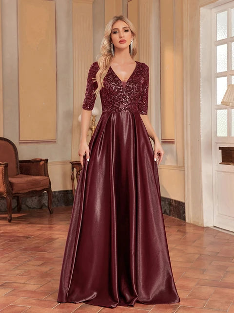 BluePlum Elegant Short Sleeve Blue Sequins Evening Dress Women Satin Sexy V-neck Wedding Party Prom Cocktail Floor Lenght Dresses | Blue Plum - Blue Plum