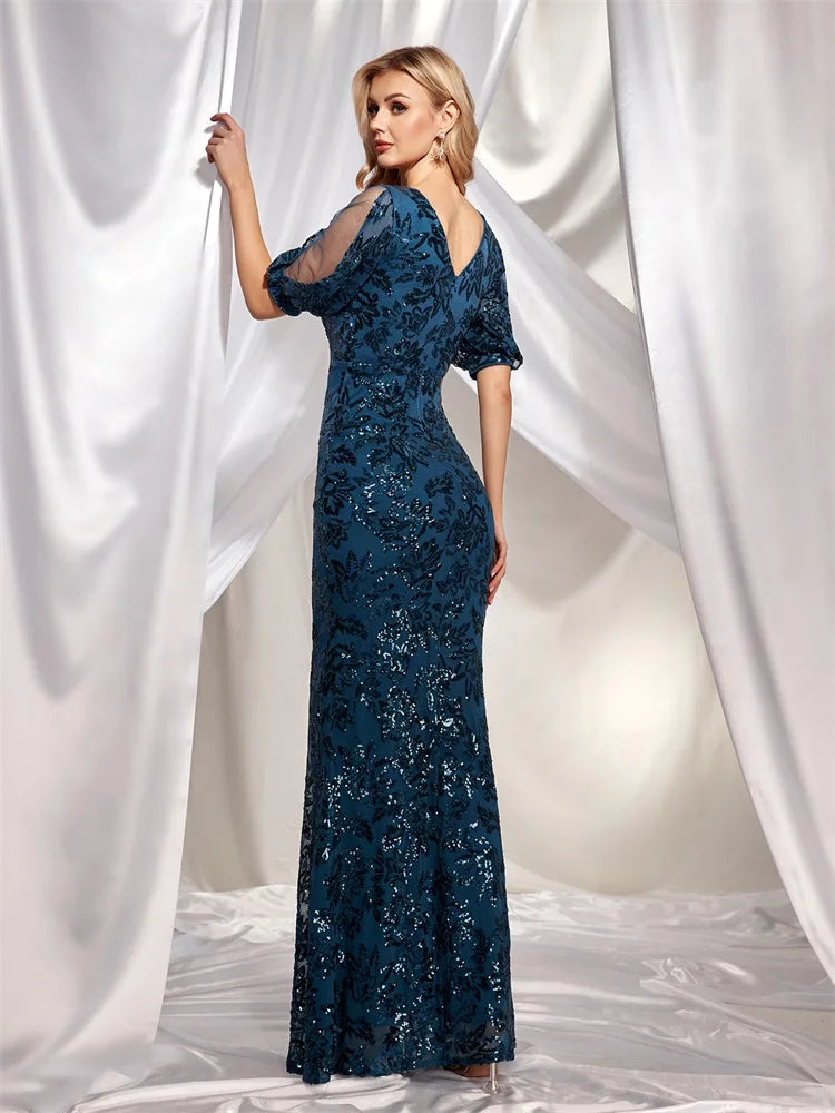 BluePlum Plus Size Elegant Short Sleeve Sequin Evening Dress 2024 Luxury Women Mermaid Wedding Party Formal Dress Bridesmaid Prom | Blue Plum - Blue Plum