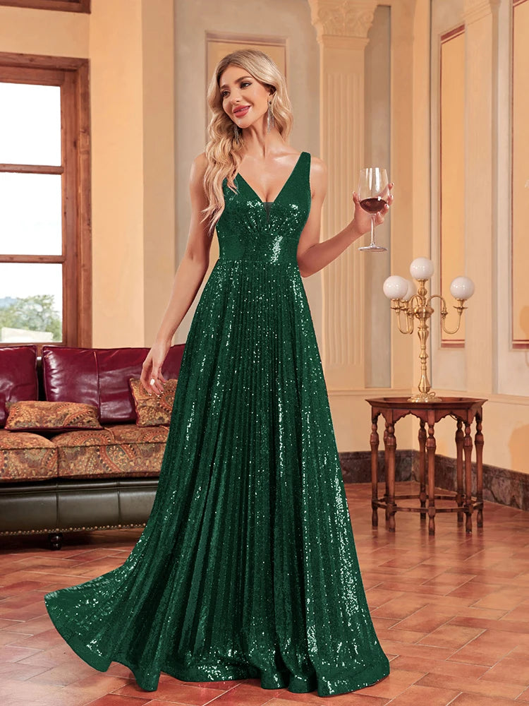 Luxury Luxury V-Neck Sleeveless Green Evening Dress Women Sequins Wedding Party Prom Maxi Cocktail Dresses Long Lenght Vestidos | Blue Plum - Blue Plum
