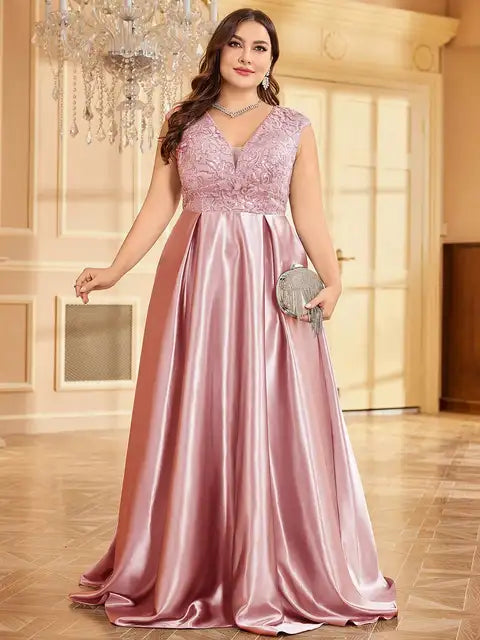BluePlum Plus Size Luxury Grey Satin V-Neck Evening Dress Elegant 2024 Women Wedding Party Prom Floor Lenght Cocktail Dress | Blue Plum - Blue Plum