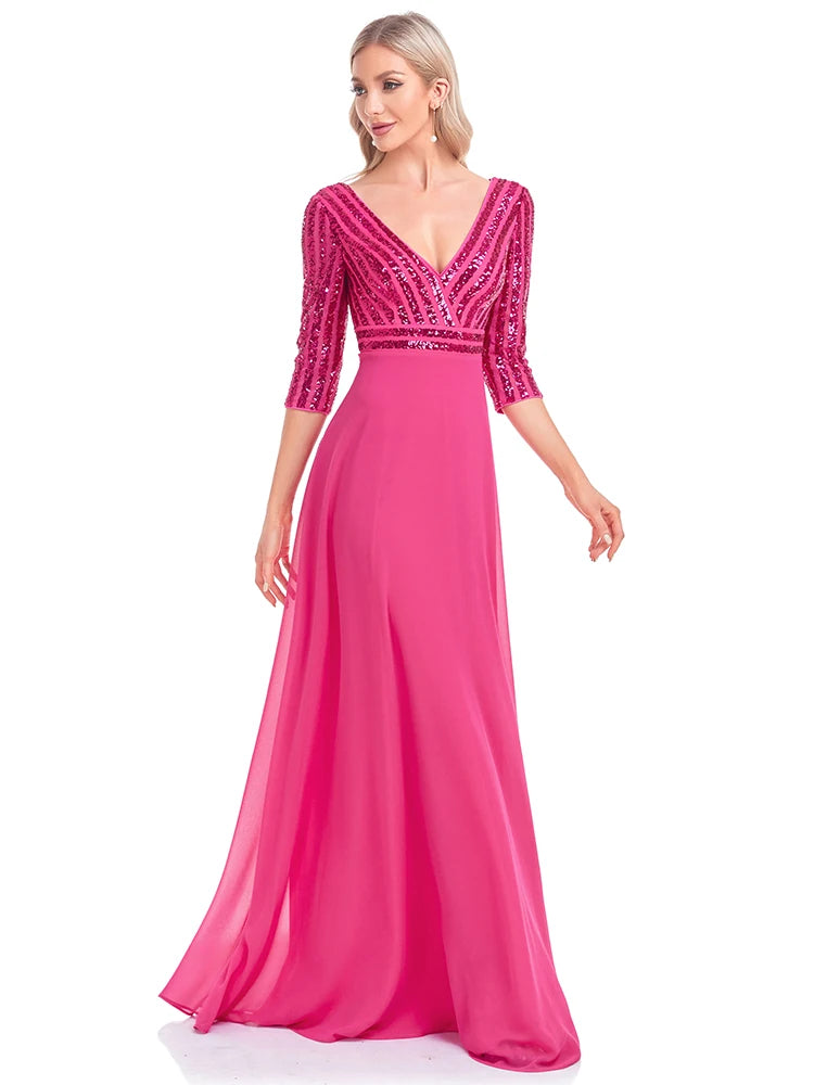 BluePlum Elegant Sequin Long Sleeve Formal Evening Dress Chiffon Blue A- line V-Neck Wedding Party Graduation Prom Dress For Women | Blue Plum - Blue Plum