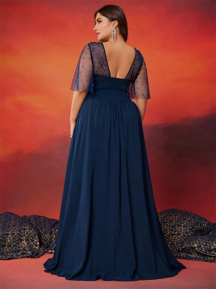 BluePlum Plus Size Luxury V-Neck Chiffon Blue Evening Dress Women Elegant V-back Wedding Party Long Prom Cocktail Dress | Blue Plum - Blue Plum