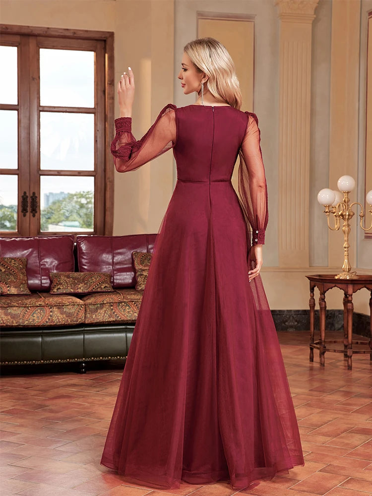 BluePlum Elegant Tulle Blue Evening Dress Women Chiffon Long Sleeve V-Neck Maxi Floor-Length Gown 2025 Aline Bridesmaid Prom Dress | Blue Plum - Blue Plum
