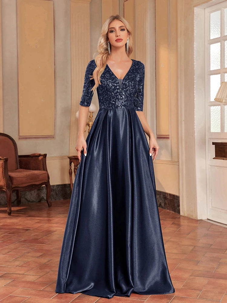 BluePlum Elegant Short Sleeve Blue Sequins Evening Dress Women Satin Sexy V-neck Wedding Party Prom Cocktail Floor Lenght Dresses | Blue Plum - Blue Plum