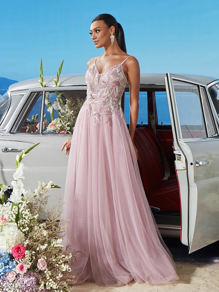 Pink V-neck Bridesmaid Evening Dress with Blueplum Suspenders | Blue Plum - Blue Plum