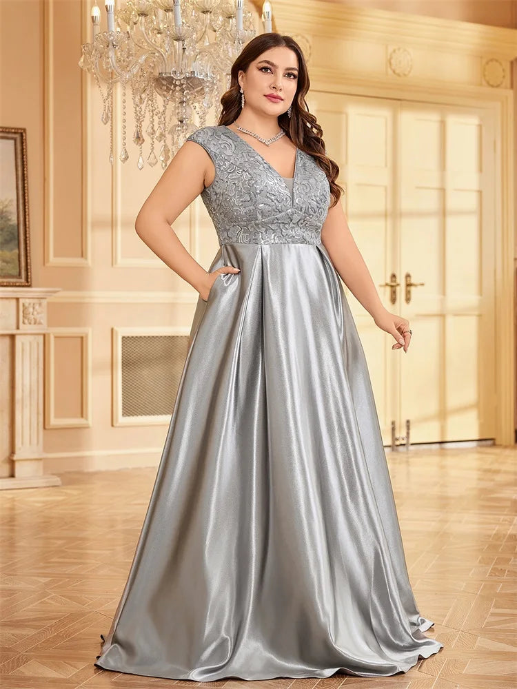 BluePlum Plus Size Luxury Grey Satin V-Neck Evening Dress Elegant 2024 Women Wedding Party Prom Floor Lenght Cocktail Dress | Blue Plum - Blue Plum
