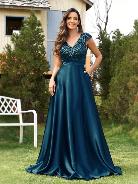 Luxury Blue Sequins V-Neck Evening Gown | Blue Plum - Blue Plum