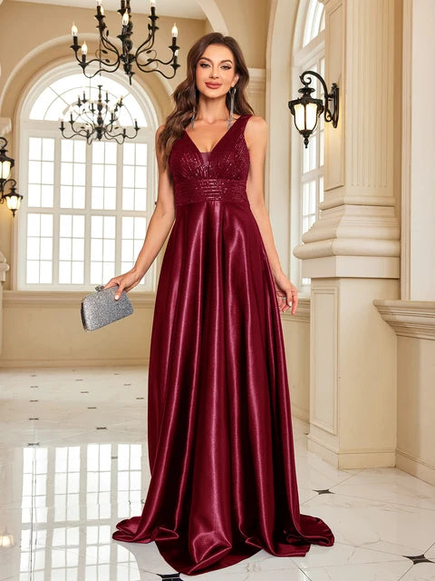 Luxury Sequin V-Neck Evening Gown | Blue Plum - Blue Plum