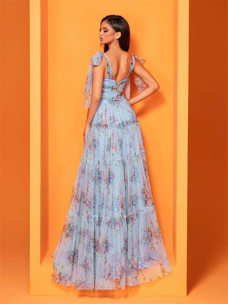 Elegant Blue V-Back Chiffon Evening Dress | Blue Plum - Blue Plum