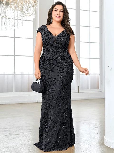 BluePlum Plus Size Elegant Sequin Evening Dress Long 2025 Women Mermaid Formal Deep V-neck Prom Luxury Wedding Party Dresses | Blue Plum - Blue Plum