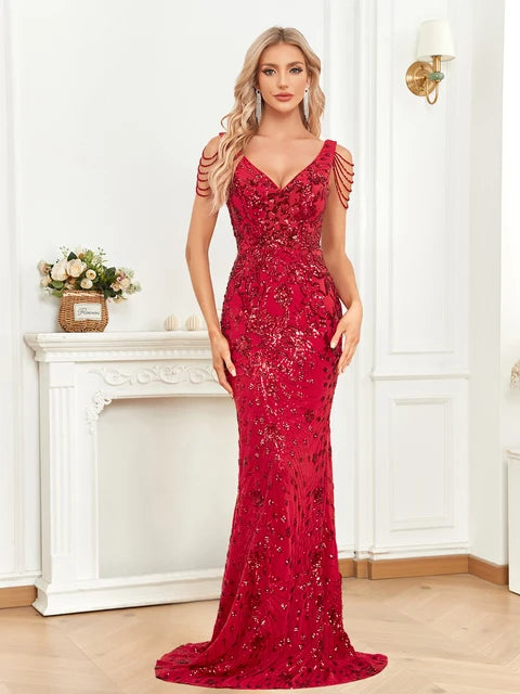 Deep V-Neck Red Sequin Evening Gown - Luxury Beaded Mermaid | Blue Plum - Blue Plum